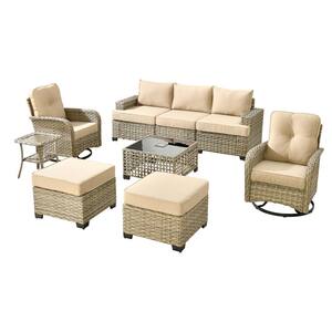 Torino Gray 9-Piece Modern Wicker Patio Conversation Deep Seating Set with Swivel Rocking Chairs and Beige Cushions