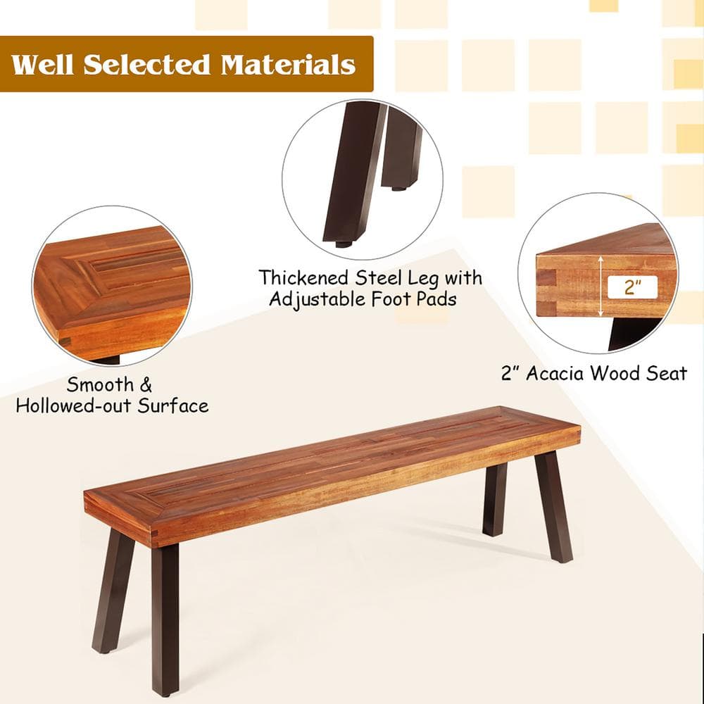 Rustic Acacia Wood and Black Steel 59" Outdoor Bench