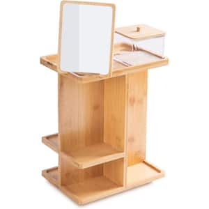 360 Rotating Bamboo Wood Makeup Organizer and Storage with Mirror for Cosmetic Make-Up