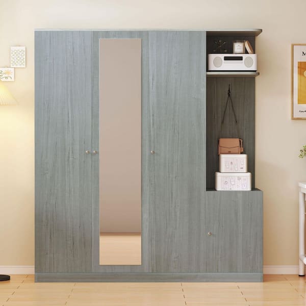 Harper & Bright Designs Gray Wood 59.8 in. 4-Door Wardrobe Armoire with Drawer, Full-Length Mirror and 2-Hanging Rails