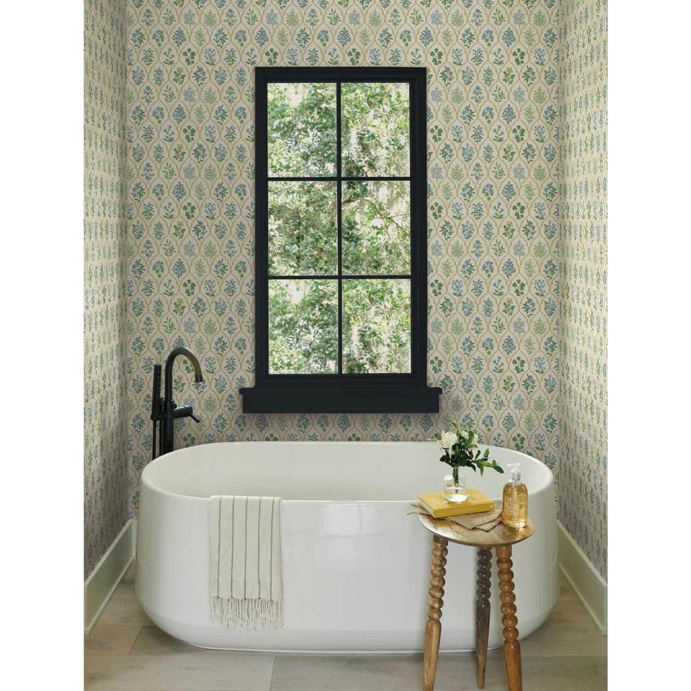 Hawthorne Vintage Floral Grid Blue/Green Wallpaper, 27' x 27"