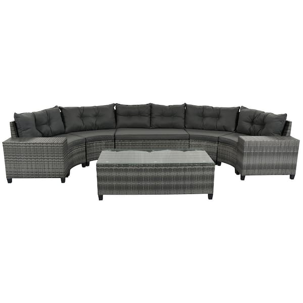 Tunearary 8-Pieces Outdoor Gray Rattan Wicker Round Sofa Set with Gray Cushion
