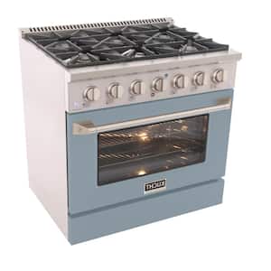 Pro-Style 36 in. 5.2 cu. ft. 6-Burner Propane Gas Range with Convection Oven in Stainless Steel and Light Blue Oven Door