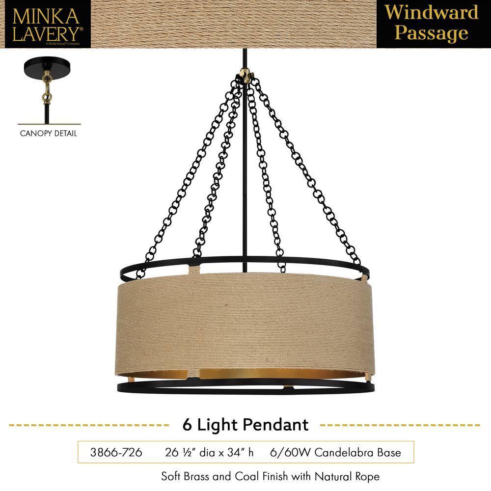 Windward Passage Soft Brass and Coal 6-Light Drum Pendant