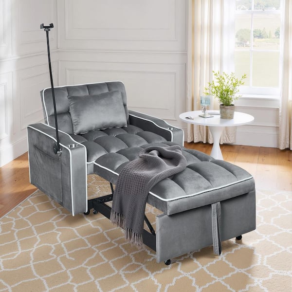 3-in-1 Convertible Chair Bed 37 in. W. Dark Gray Suede Pull Out Twin Size Sofa Bed with USB Ports, Cup and Phone Holder