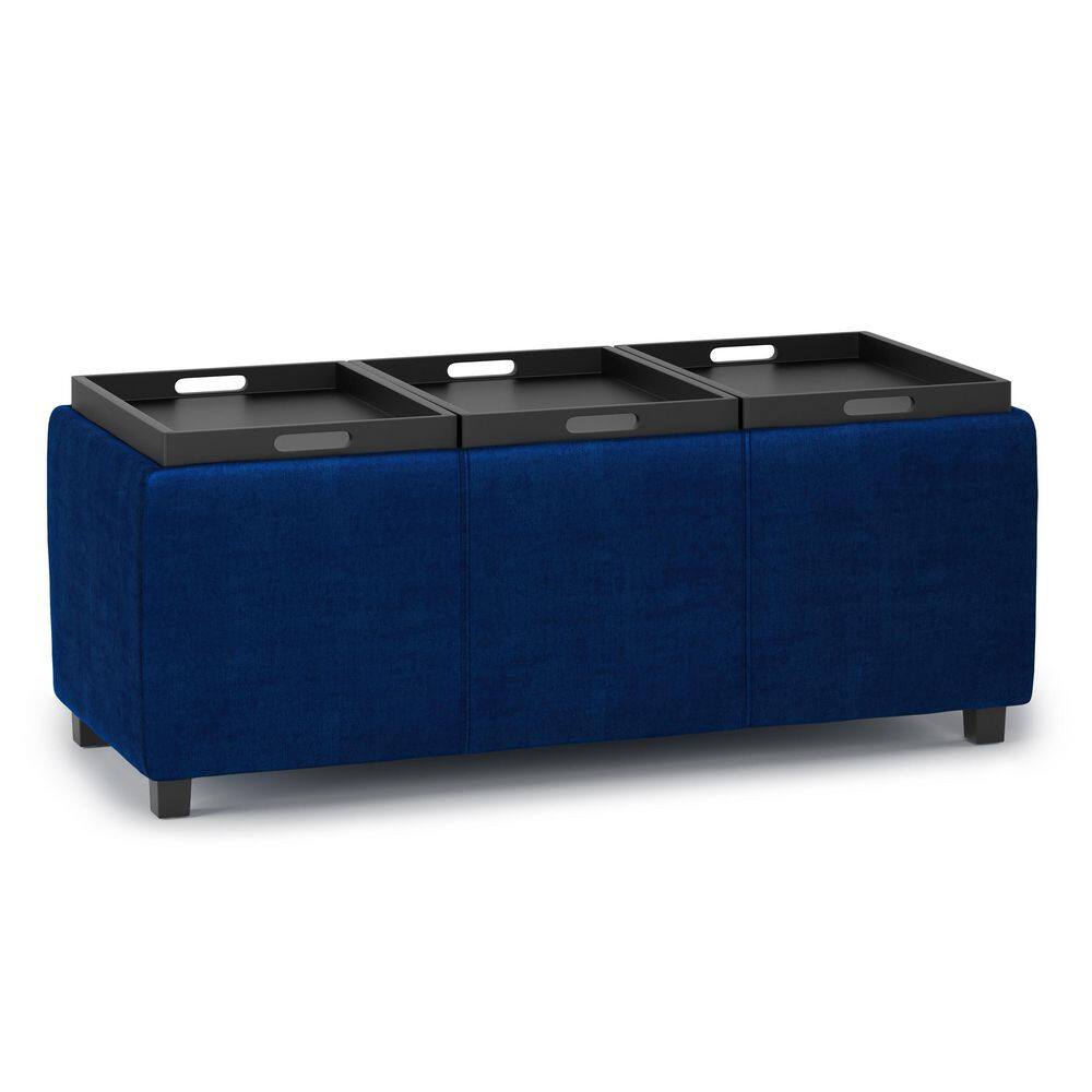Avalon 42" Blue Velvet Rectangular Storage Ottoman with Tray