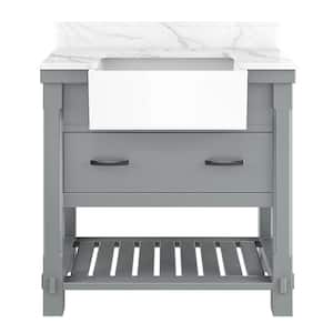 36 in. W x 21 in. D x 35 in. H Single Sink Freestanding Bath Vanity in Gray with White Quartz Top [Free Faucet]