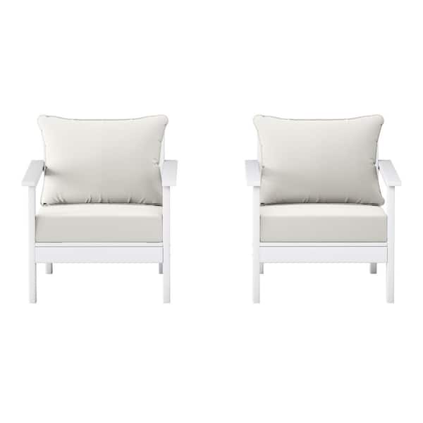 Birchwood White Outdoor Patio (Set of 2) Deep Seating HDPE Lounge Chairs w/ White Cushions