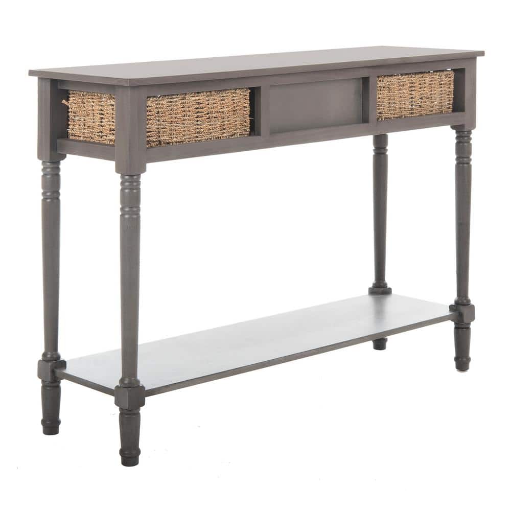 Gray Transitional Wood Console Table with Wicker Storage