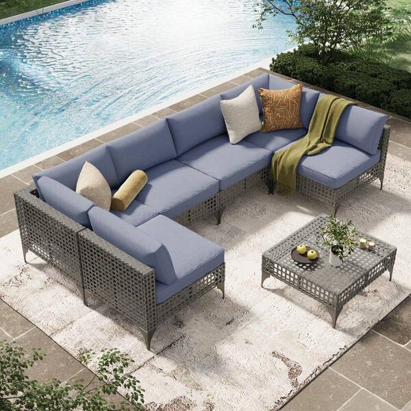 Sudzendf 7-Piece Wicker Outdoor Sectional Set with Gray Blue
