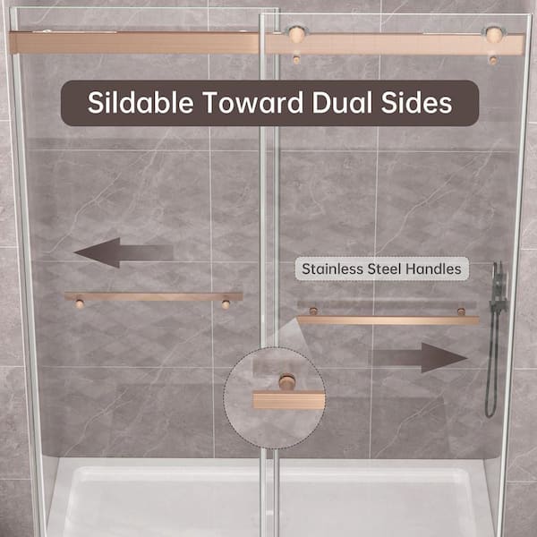 56 in. to 60 in. W x 75 in. H Double Sliding Frameless Shower Door in Brushed Rose Gold with 5/16 in. (8 mm) Glass