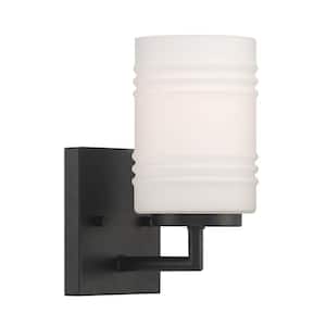 Leavenworth 4.75 in. 1-Light Matte Black Modern Wall Sconce with Etched Opal Glass Shade