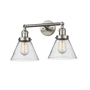 Large Cone 18 in. 2-Light Brushed Satin Nickel Vanity Light with Seedy Glass Shade