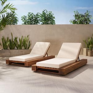 Broadway Teak Brown Removable Cushions Wood Outdoor Patio Chaise Lounge with Cream Cushions (2-Pack)