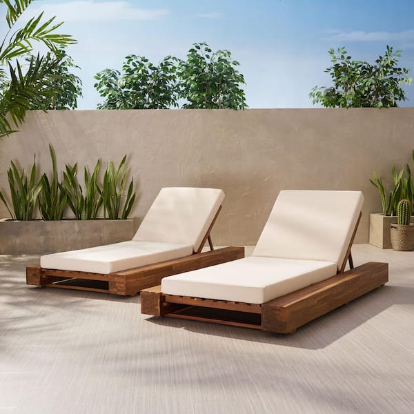 Noble House Broadway Teak Brown Removable Cushions Wood Outdoor Chaise Lounge with Cream Cushions (2-Pack)