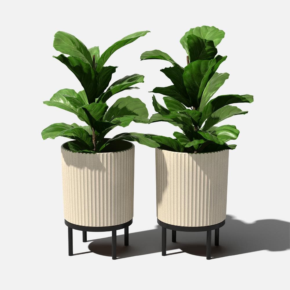 Sandstone and Black 16" Concrete-Composite Planter Set with Acacia Wood Stand
