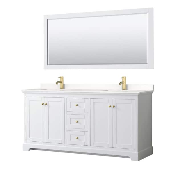 Wyndham Collection Avery 72 in. W x 22 in. D x 35 in. H Double Bath Vanity in White with White Quartz Top and 70 in. Mirror