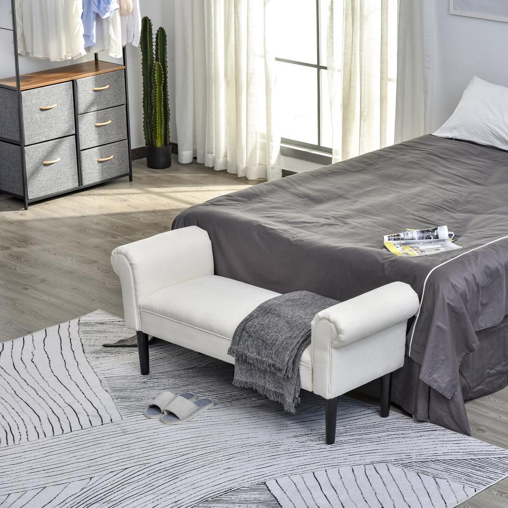 Cream White Linen Upholstered Ottoman Bench with Armrests