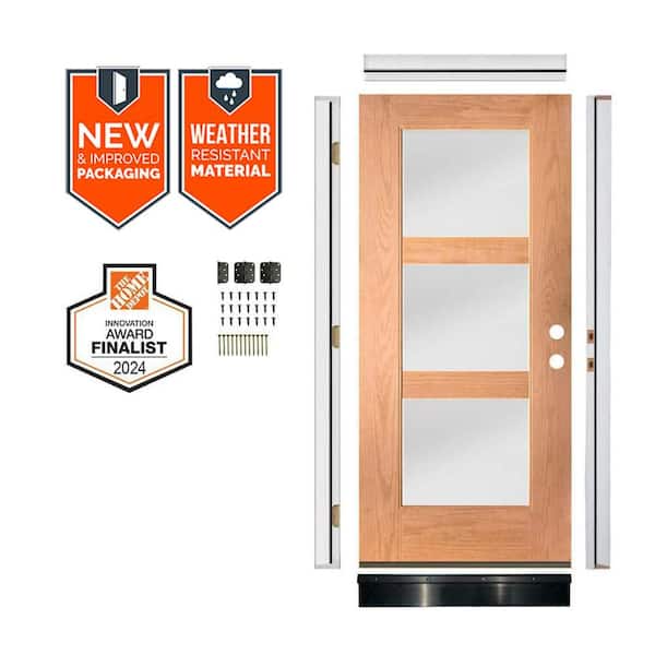 DIY Modern 36"x 79 in. 3-Lite Left-Hand Inswing Frosted Glass Teak Stain Fiberglass Front Door Kit w/Quick Assemble Jamb
