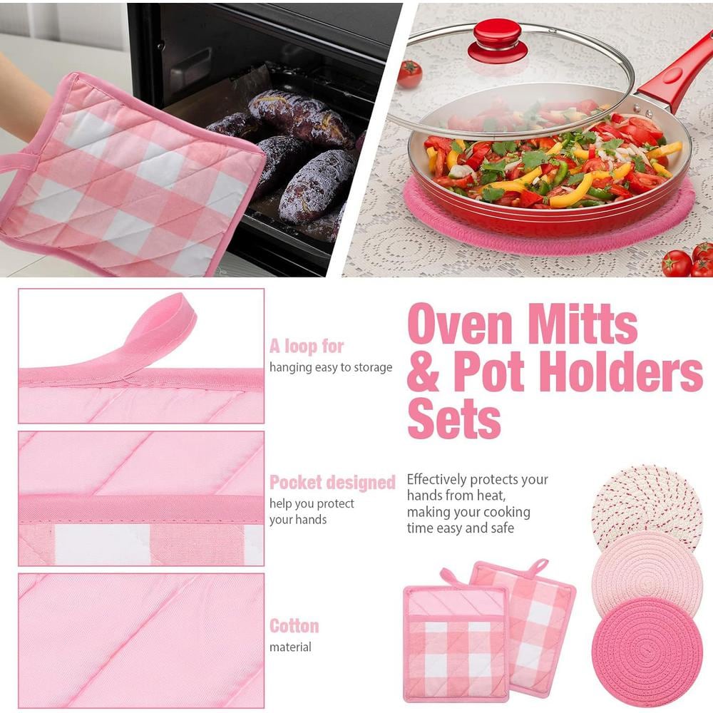 Pink and White Cotton Oven Mitts and Pot Holders Set
