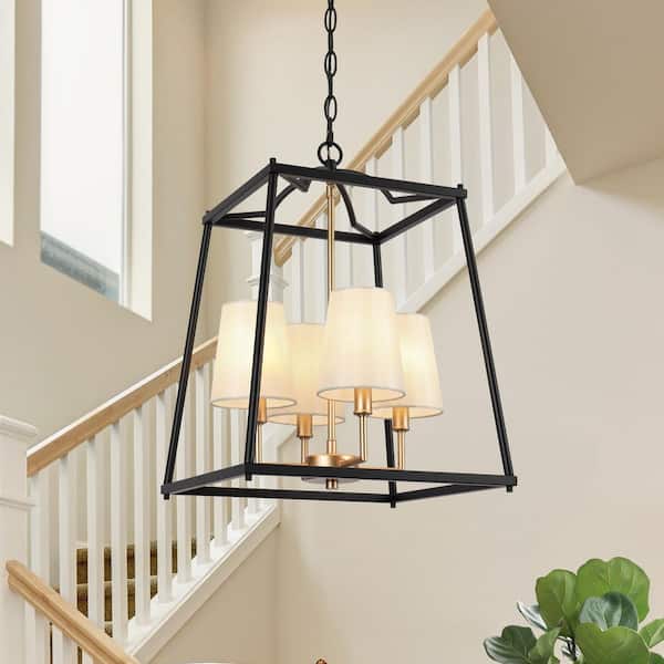 Modern Farmhouse 4-Light Black Dining Room Chandelier, Industrial Cage Pendant Light with White Fabric Shades for Hall