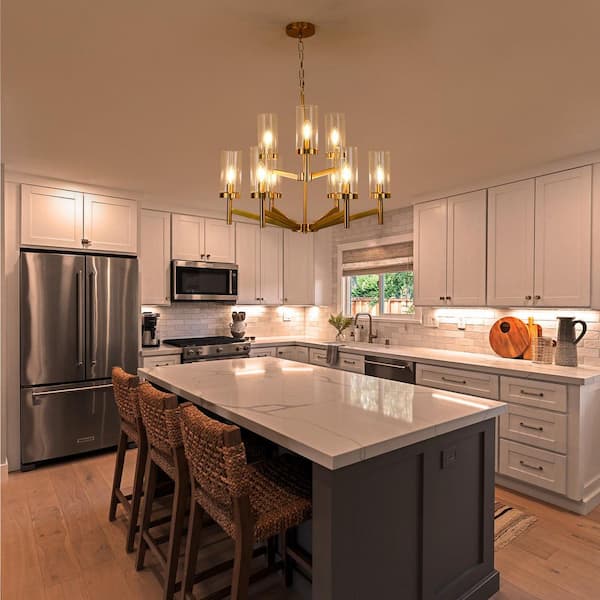 Modern 9-Light Plated Brass Branch Chandelier with Clear Glass Shade for Kitchen Island