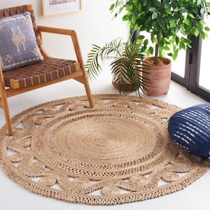 Natural Fiber Beige 5 ft. x 5 ft. Woven Ornate Round Area Rug