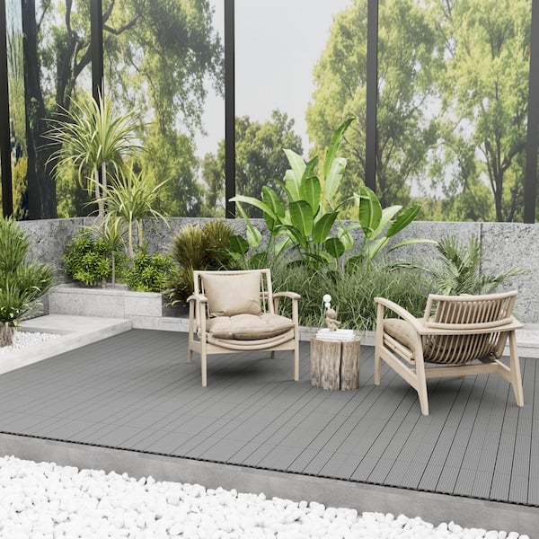 1 ft. x 1 ft. x 0.8 in. Waterproof Slat Composite Deck Tile 10-Piece for Patio Garden Poolside in Black Grey(10 sq. ft.)