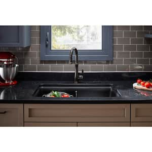 Cairn Undermount Neoroc Granite Composite 33.5 in. Double Bowl Kitchen Sink in Matte Black with Basin Rack