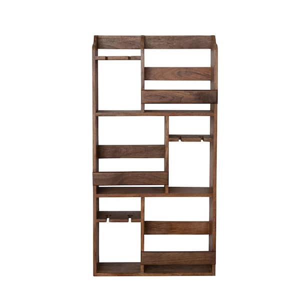 6-Bottle Walnut Brown 5 in. W Mango Wood Wall Wine Rack with Stemmed Glass Holders and 6 Shelves