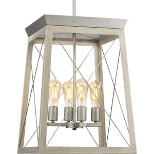 Briarwood 21 in. 4-Light Galvanized Farmhouse Foyer Chandelier with Painted Bleached Oak Frame