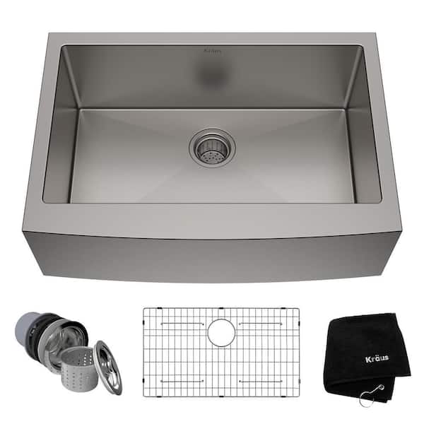 KRAUS Standart PRO 30 in. Farmhouse/Apron-Front Single Bowl 16 Gauge Stainless Steel Kitchen Sink with Accessories