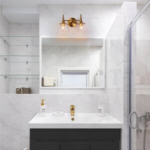 Quoridan Modern Plated Brass Bathroom Vanity Light 14 in. 2-Light Classic Wall Sconce with Bell Clear Seedy Glass Shades