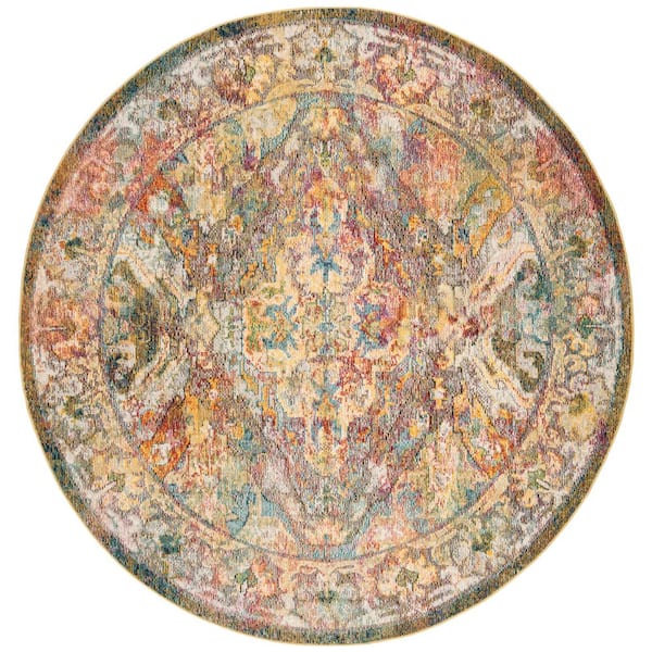 SAFAVIEH Crystal Light Blue/Orange 7 ft. x 7 ft. Distressed Border Round Area Rug