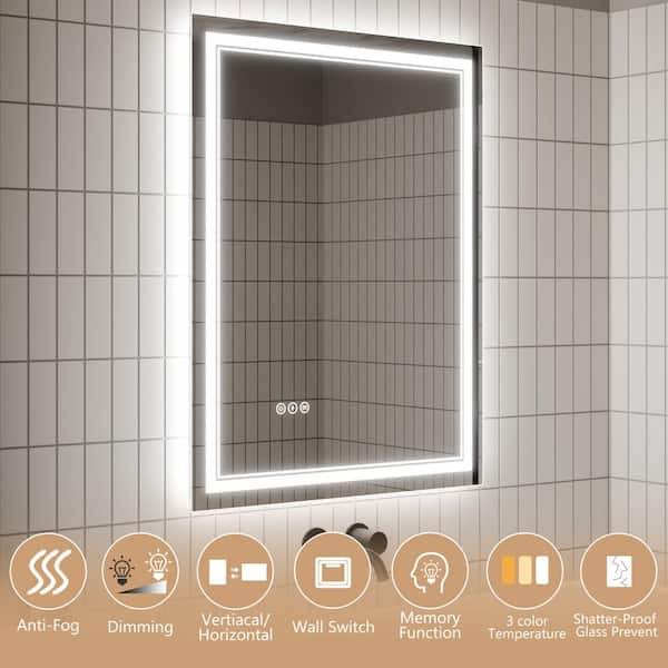 28 in. W x 36 in. H Rectangular Frameless Anti-Fog Wall Dimmable Backlit Dual LED Bathroom Vanity Mirror in Silver