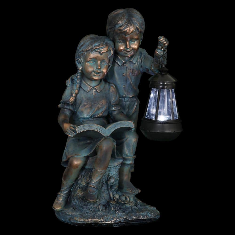 Solar Faux Bronze Girl and Boy Garden Statue with LED Lantern