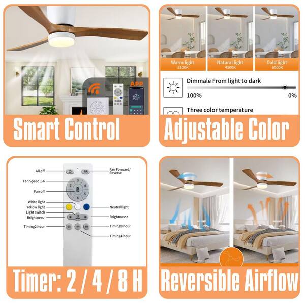 52 in. Brown Wood Ceiling Fans Flush Mount with Lights and Remote 6 Speed DC Motor