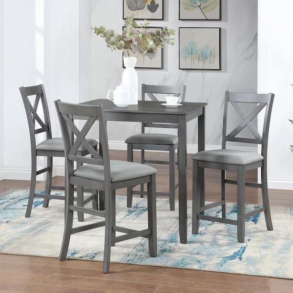 Cavello Country Rustic 5-Piece Gray Square MDF Wood Counter Height Dining Table Set with Upholstered Chair, Seats-4