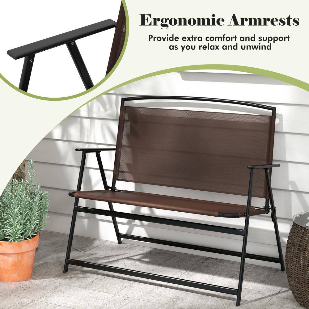 Brown Metal Foldable 2-Person Outdoor Garden Bench with Backrest and Armrests
