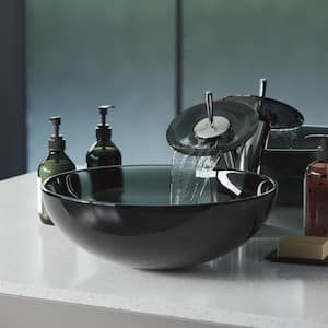 Cascade Black Round Glass Vessel Sink with Cascade Faucet