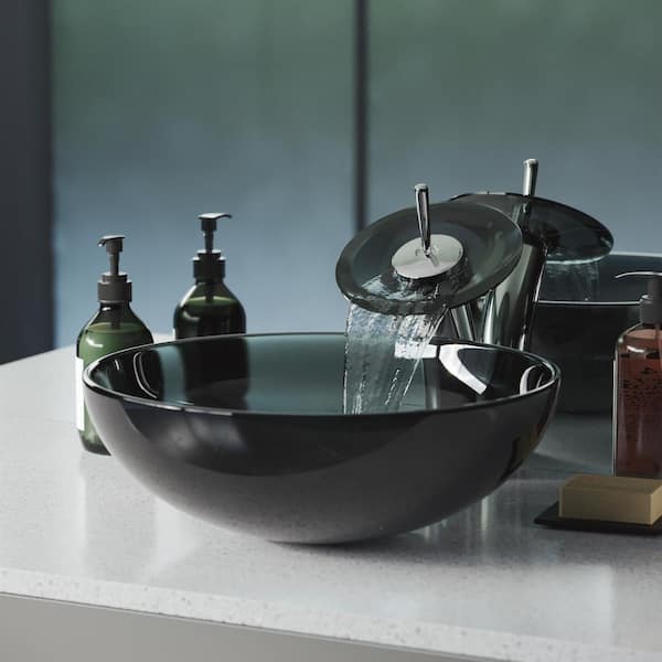 Swiss Madison Cascade Black Round Glass Vessel Sink with Cascade Faucet