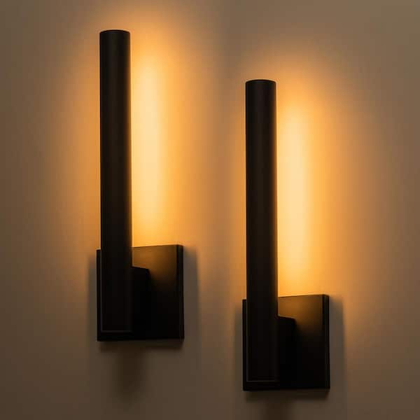 15.25 in. Black Dimmable LED Outdoor Hardwired Wall Lantern Sconce with Frosted Glass Diffuser (2-Pack)