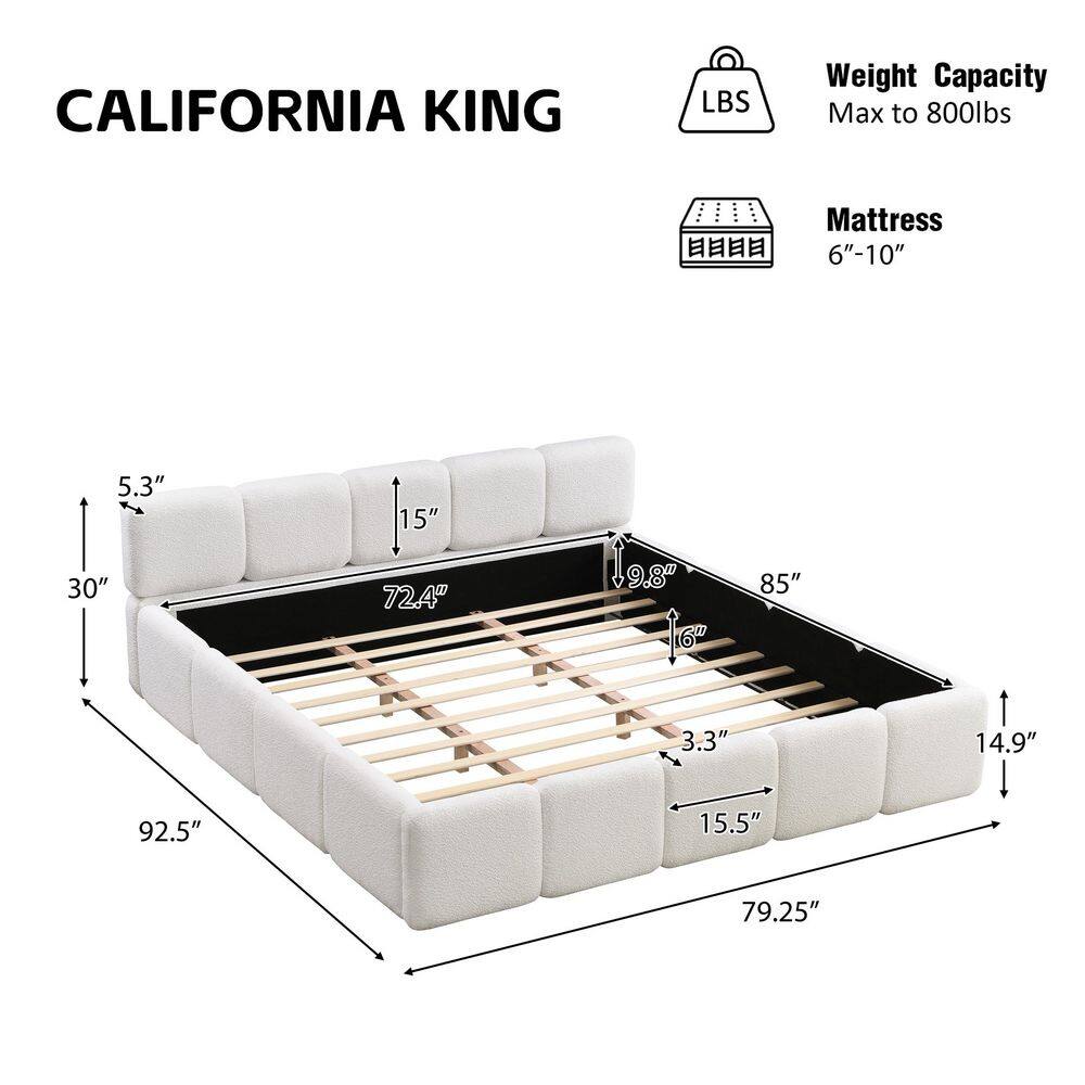 Cassius White Boucle Upholstered Wood Frame Queen Size Platform Bed with Headboard - thumbnail 5