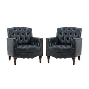 Elijah Traditional Navy Genuine Leather Button-tufted Armchair with Luxury Style and Solid Wood Legs (Set of 2)