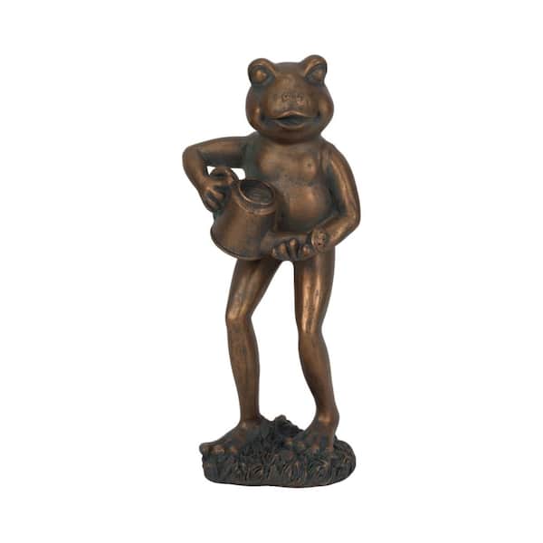 Liv & Skye Bronze 5 in. x 10 in. Frog with Watering Can Garden Statue