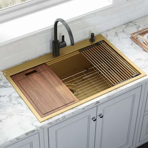 Giana Brass Matte Gold Stainless Steel 33 in. Single Bowl Drop-In Workstation Kitchen Sink