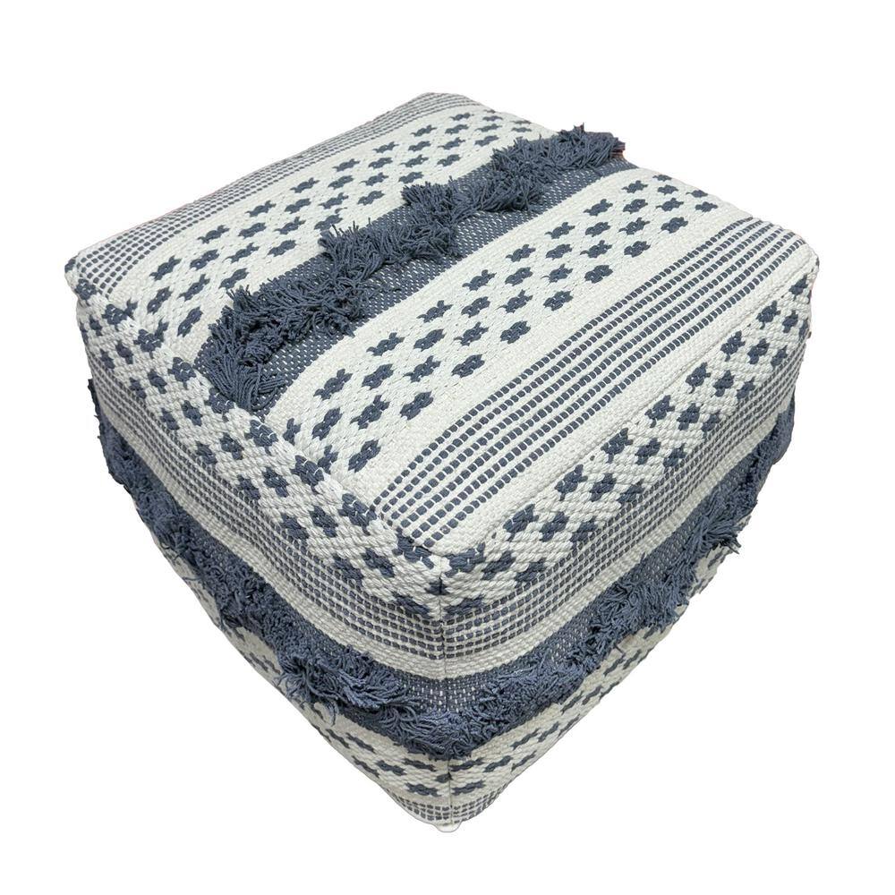 Bowden Hand Woven Grey and Ivory Square Cotton Pouf Ottoman