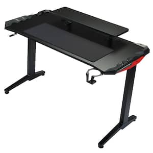 48 in. Rectangular Black Particleboard Computer Gaming Desk with I-leg & Blue LED Light