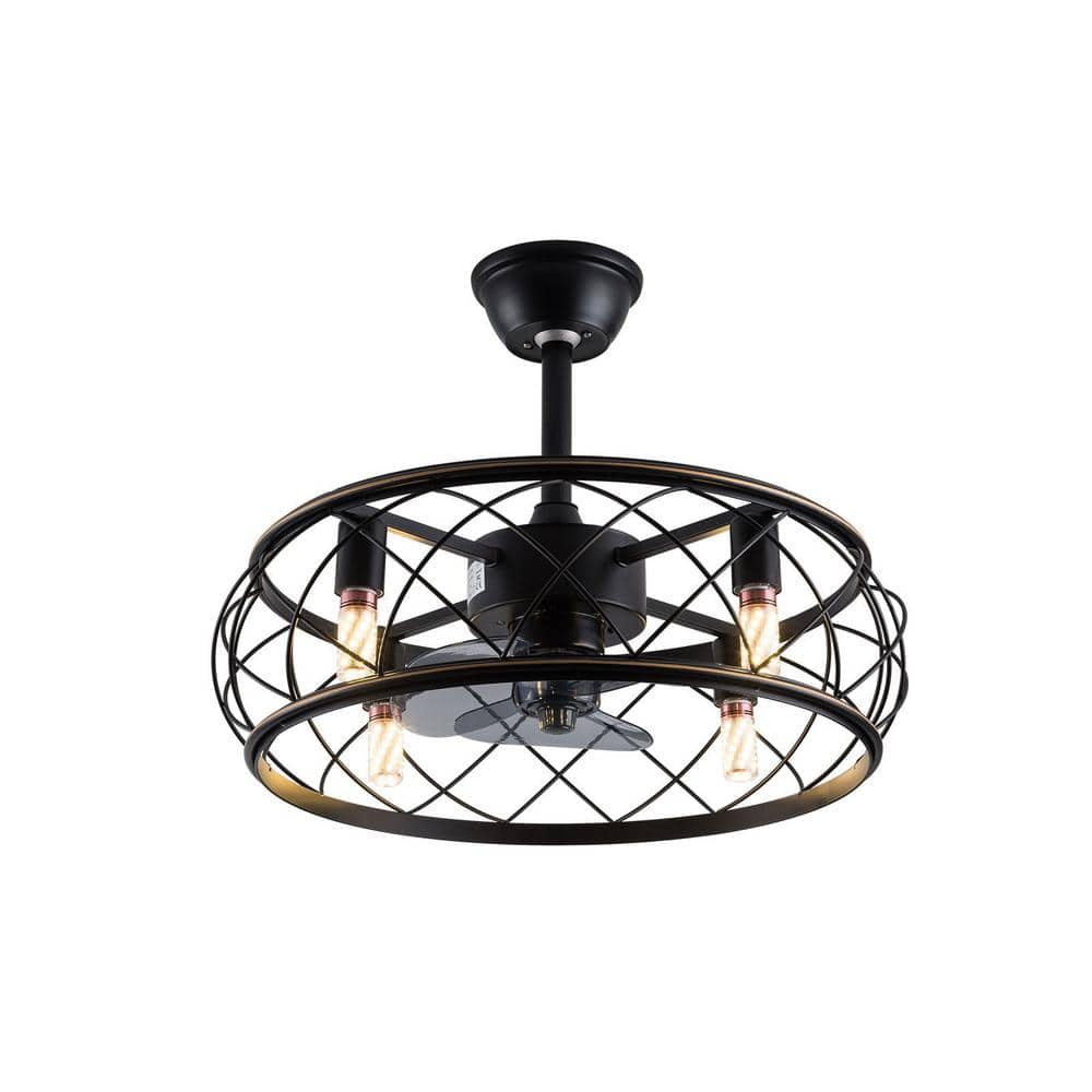 18 in. 4-Light Indoor Matt Black Semi-Flush Mount Industrial Caged Ceiling Fan with Light -  OUKANING, HG-HCX794-894US