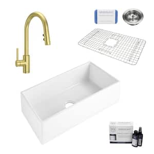 Bradstreet II 36 in. Farmhouse Apron Front Undermount Single Bowl Crisp White Fireclay Kitchen Sink with Gold Faucet Kit